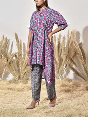 Pink and Grey Asymmetric Print Kurta and Pant Set