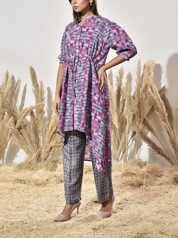 Pink and Grey Asymmetric Print Kurta and Pant Set