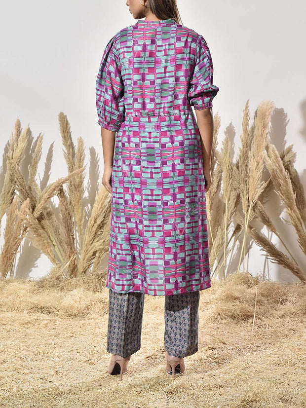 Pink and Grey Asymmetric Print Kurta and Pant Set