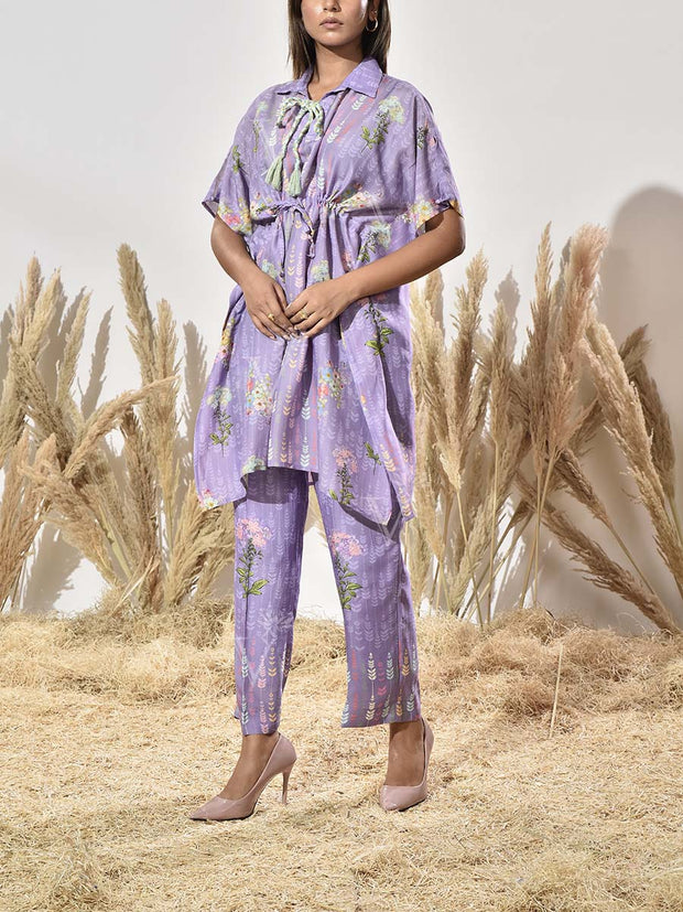 Lilac Vasansi Silk Printed Kaftan and Pant Set