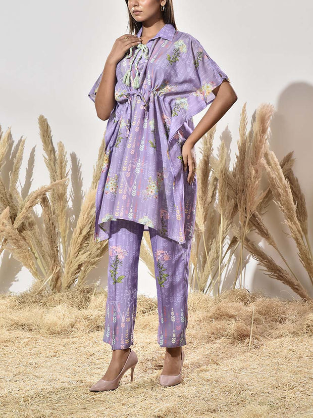 Lilac Vasansi Silk Printed Kaftan and Pant Set