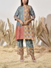 Grey and Brown Vasansi Silk Printed Kurta and Pant Set