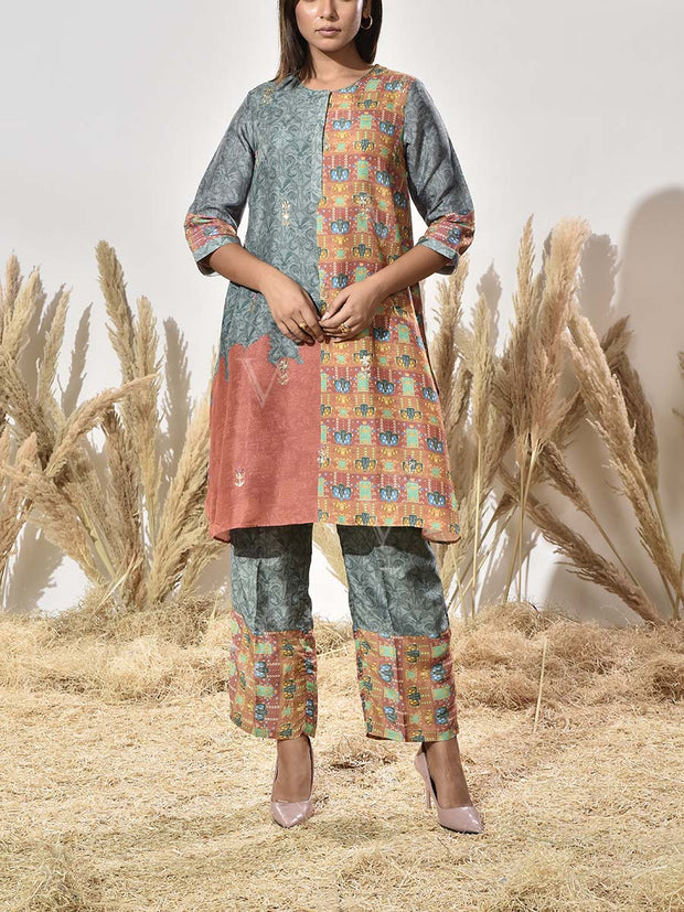 Grey and Brown Vasansi Silk Printed Kurta and Pant Set