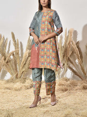 Grey and Brown Vasansi Silk Printed Kurta and Pant Set