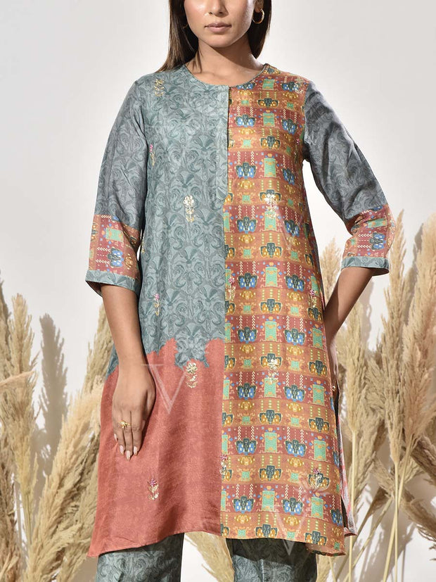 Grey and Brown Vasansi Silk Printed Kurta and Pant Set
