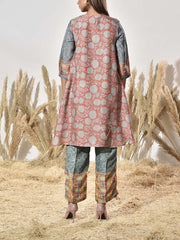 Grey and Brown Vasansi Silk Printed Kurta and Pant Set