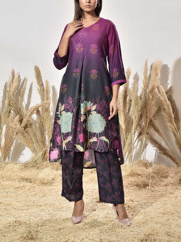 Rouge and Black Vasansi Silk Printed Kurta and Pant Set