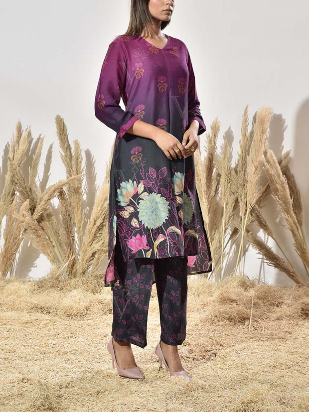 Rouge and Black Vasansi Silk Printed Kurta and Pant Set