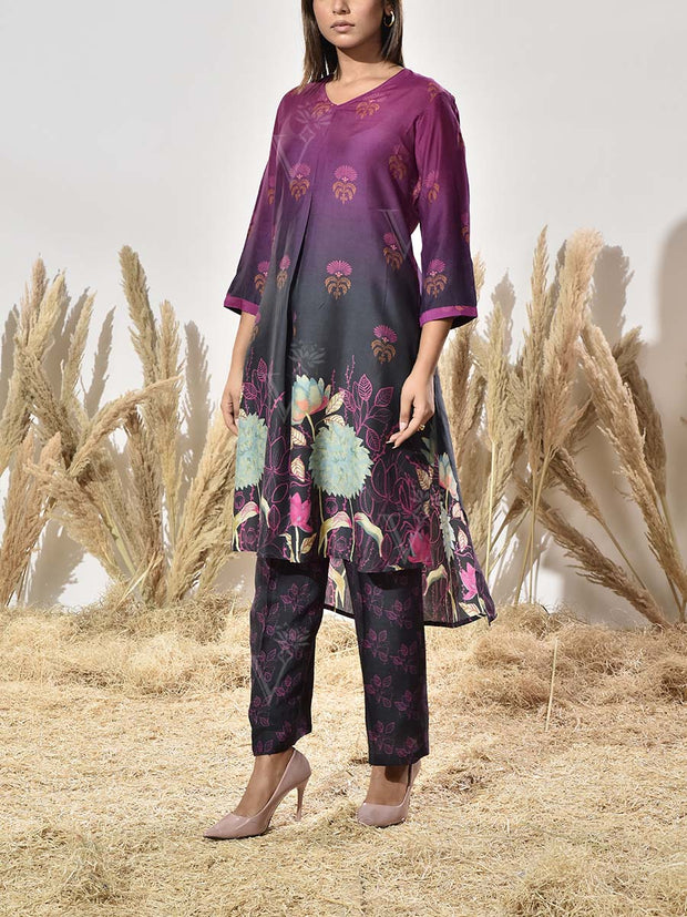 Rouge and Black Vasansi Silk Printed Kurta and Pant Set