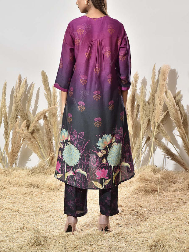 Rouge and Black Vasansi Silk Printed Kurta and Pant Set
