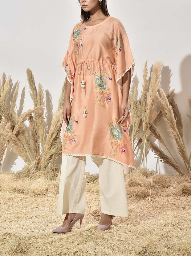 Peach Vasansi Silk Printed Kaftan Top