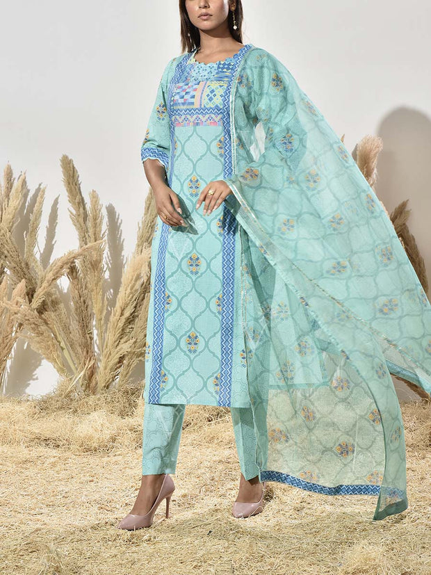 Aqua Cotton Printed Suit Set