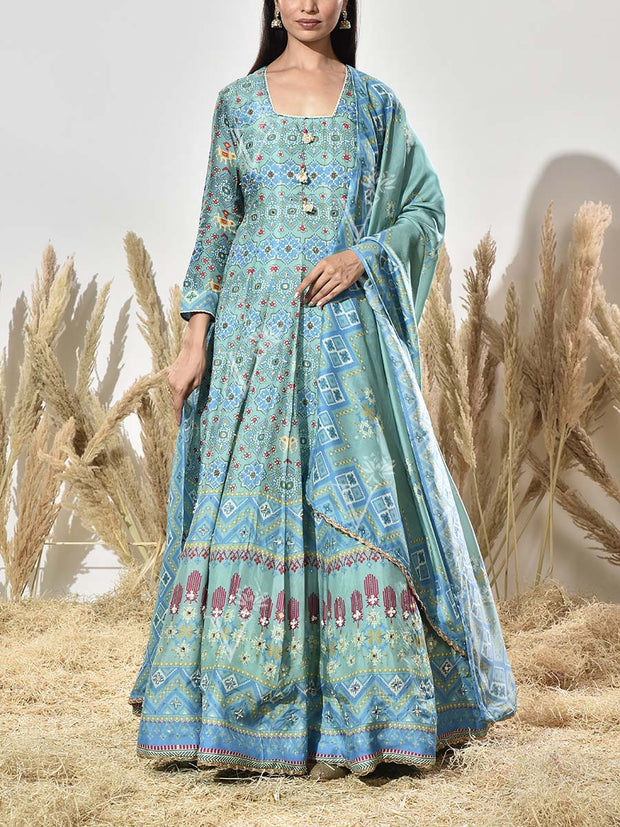 Blue Vasansi Silk Printed Anarkali Gown