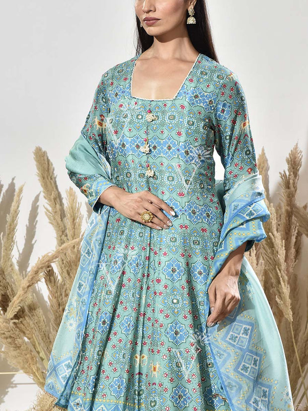 Blue Vasansi Silk Printed Anarkali Gown