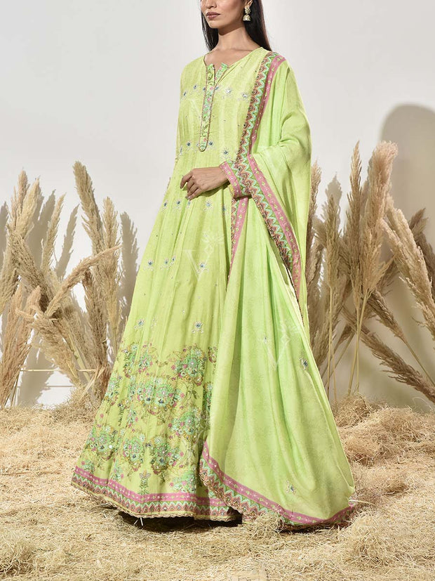 Green Vasansi Silk Printed Anarkali Gown
