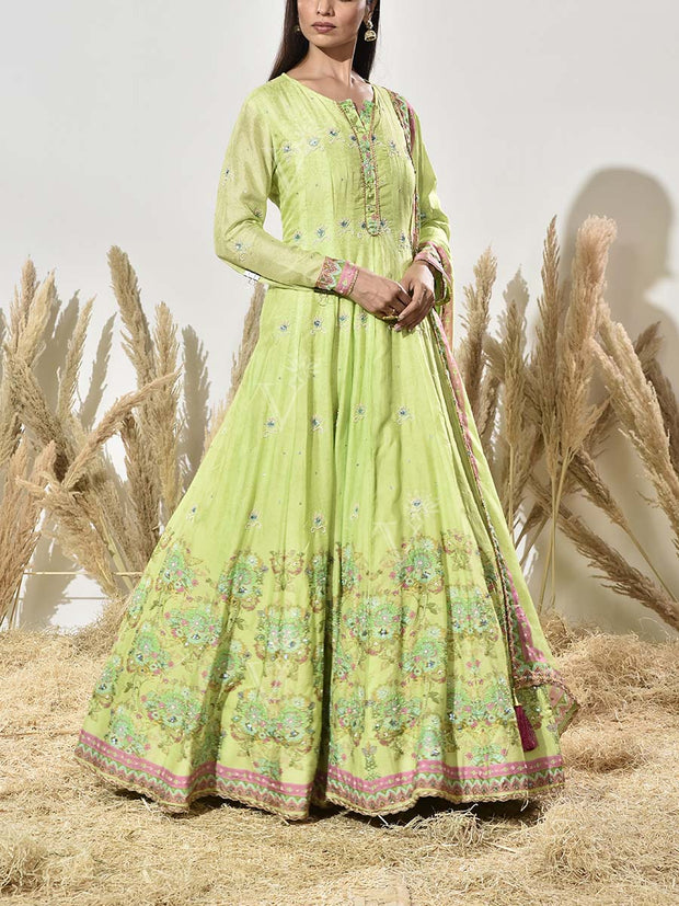 Green Vasansi Silk Printed Anarkali Gown