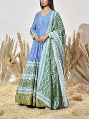 Blue and Green Vasansi Silk Printed Anarkali Gown