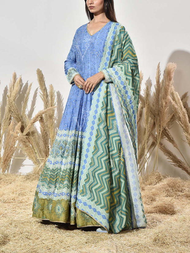 Blue and Green Vasansi Silk Printed Anarkali Gown