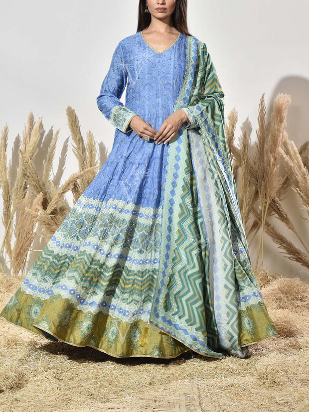 Blue and Green Vasansi Silk Printed Anarkali Gown