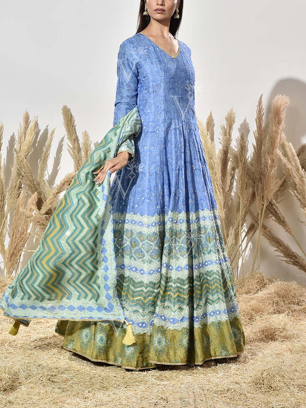 Blue and Green Vasansi Silk Printed Anarkali Gown