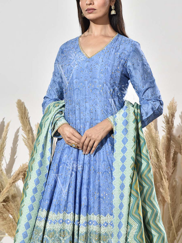 Blue and Green Vasansi Silk Printed Anarkali Gown