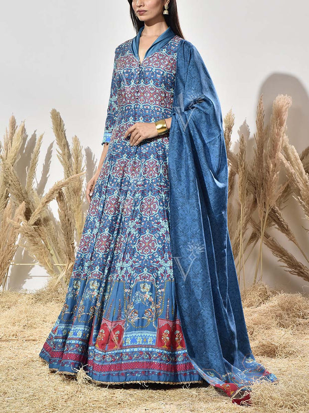 Blue Vasansi Silk Printed Anarkali Gown