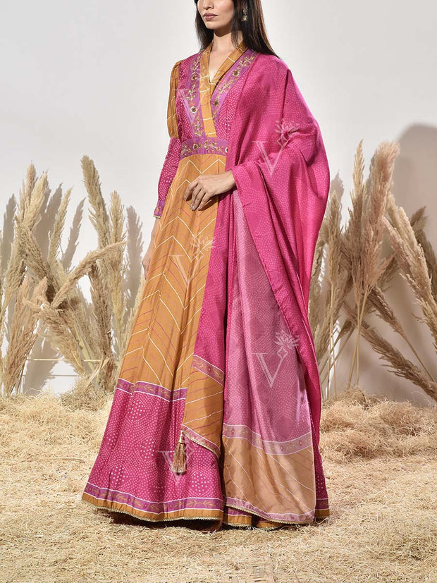 Pink and Mustard Vasansi Silk Printed Anarkali Gown