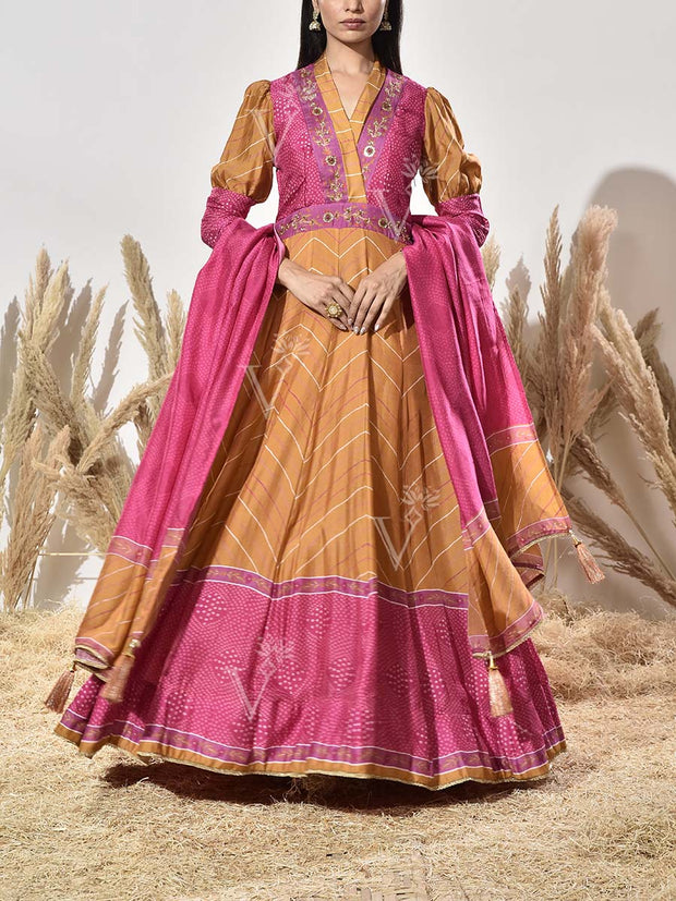 Pink and Mustard Vasansi Silk Printed Anarkali Gown