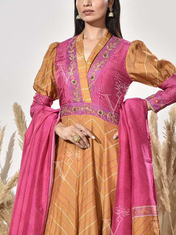 Pink and Mustard Vasansi Silk Printed Anarkali Gown