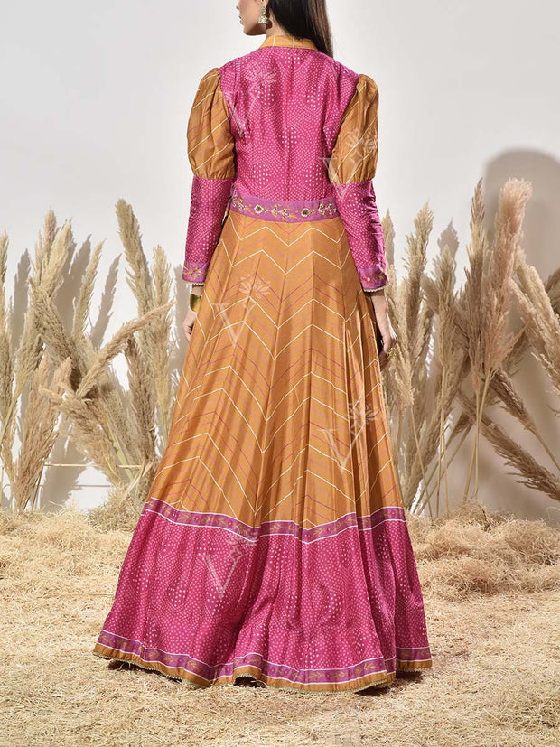 Pink and Mustard Vasansi Silk Printed Anarkali Gown