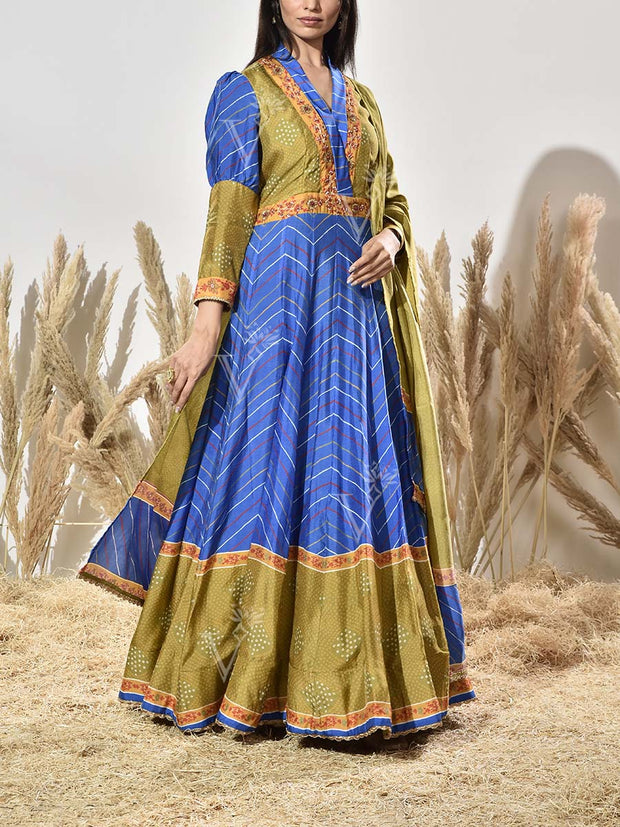 Blue and Green Vasansi Silk Printed Anarkali Gown