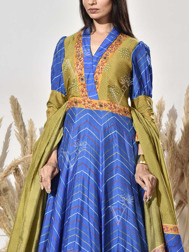 Blue and Green Vasansi Silk Printed Anarkali Gown