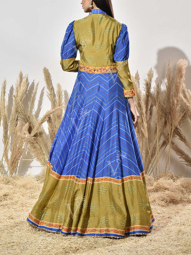 Blue and Green Vasansi Silk Printed Anarkali Gown