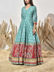 Turquoise and Red Vasansi Silk Printed Anarkali Gown