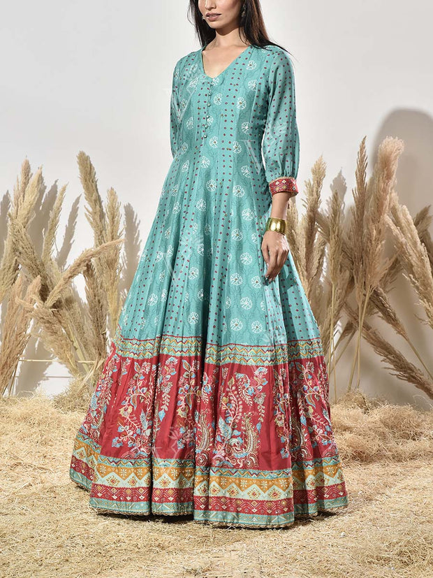 Turquoise and Red Vasansi Silk Printed Anarkali Gown