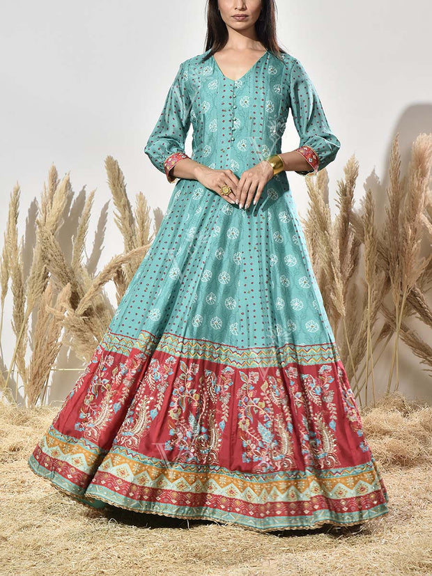 Turquoise and Red Vasansi Silk Printed Anarkali Gown