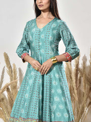 Turquoise and Red Vasansi Silk Printed Anarkali Gown