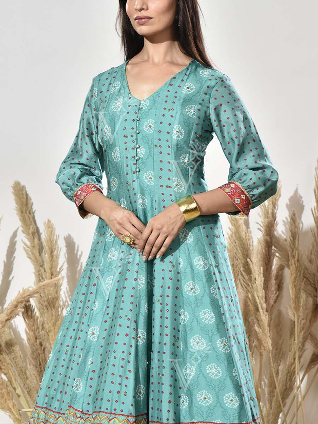 Turquoise and Red Vasansi Silk Printed Anarkali Gown