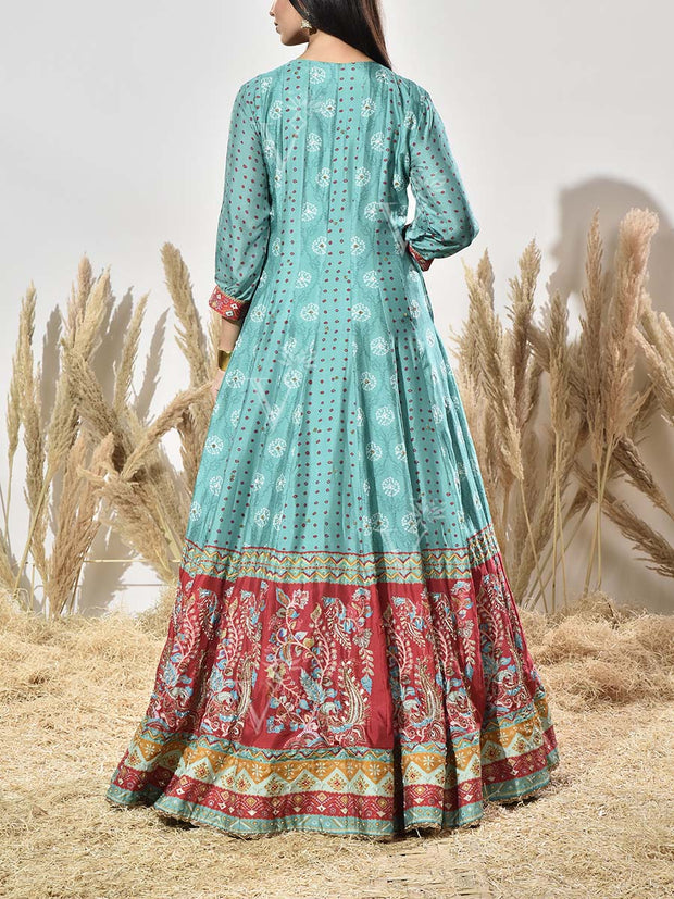Turquoise and Red Vasansi Silk Printed Anarkali Gown