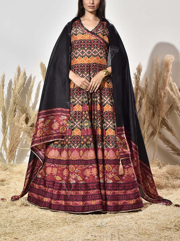 Black and Brown Vasansi Silk Printed Anarkali Gown