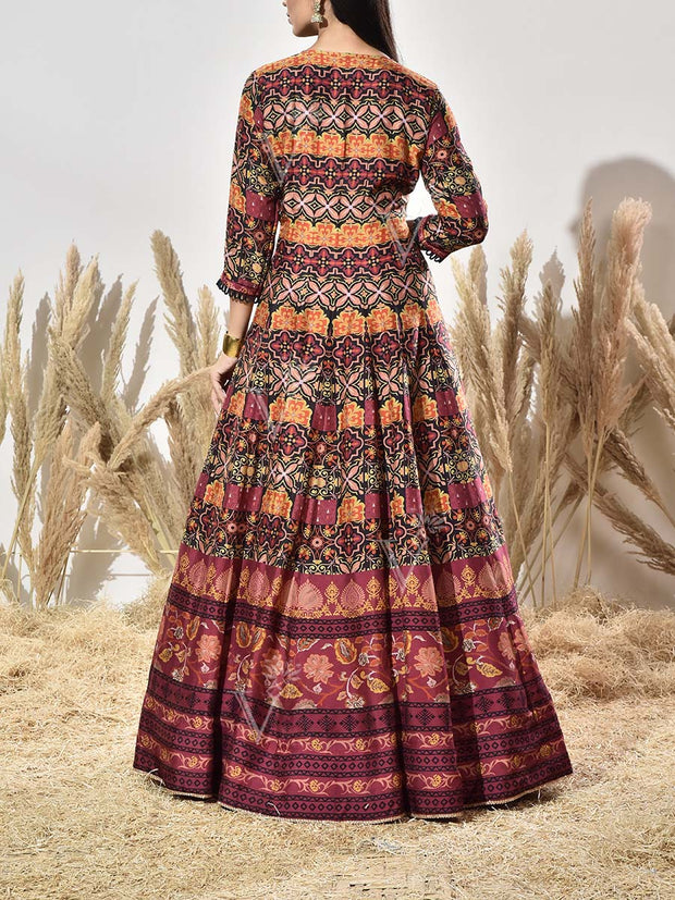 Black and Brown Vasansi Silk Printed Anarkali Gown