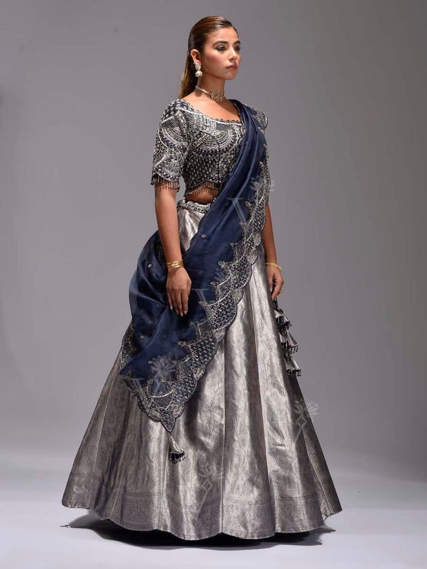 Blue and Grey Banarasi Lehenga Set