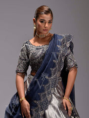 Blue and Grey Banarasi Lehenga Set