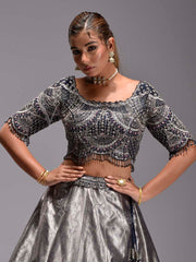 Blue and Grey Banarasi Lehenga Set