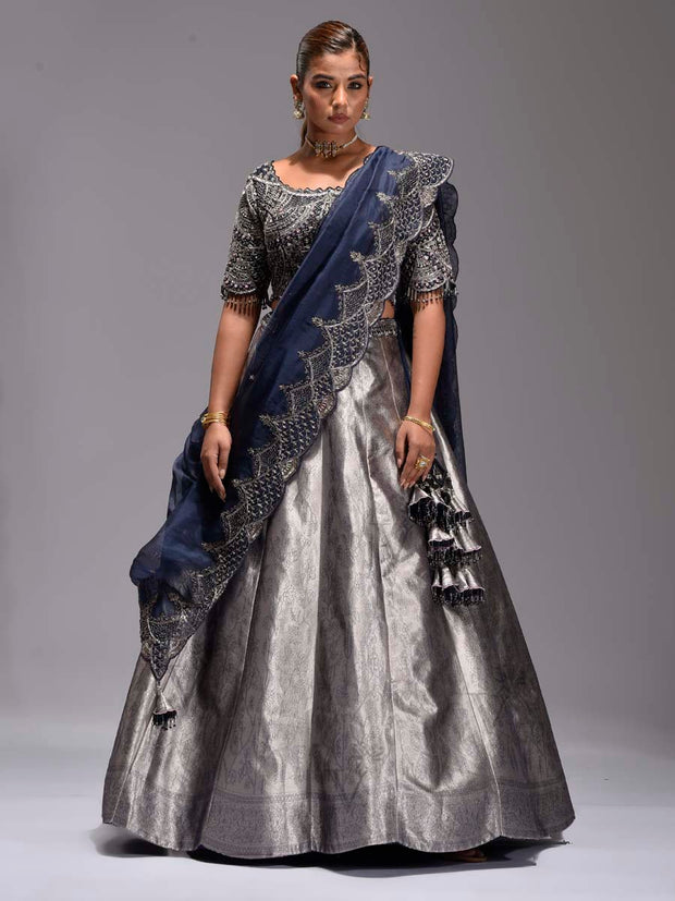 DD45, MTO, Blue , grey , lehenga, lehenga set , banarasi lehenga