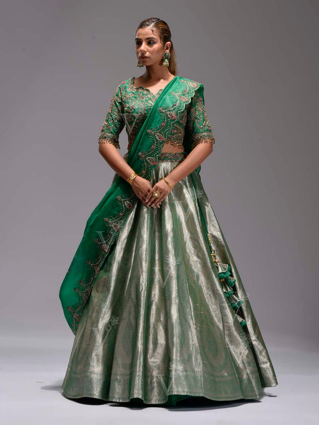 DD45, MTO, Green , lehenga, lehenga set , banarasi lehenga