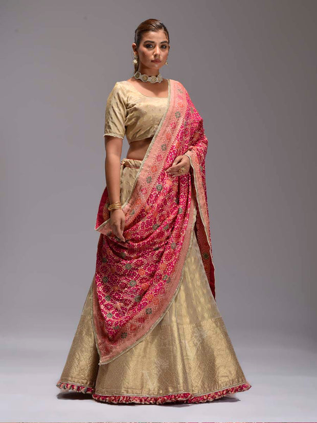 Golden Dola Silk Lehenga with Bandhej Zari Odhani