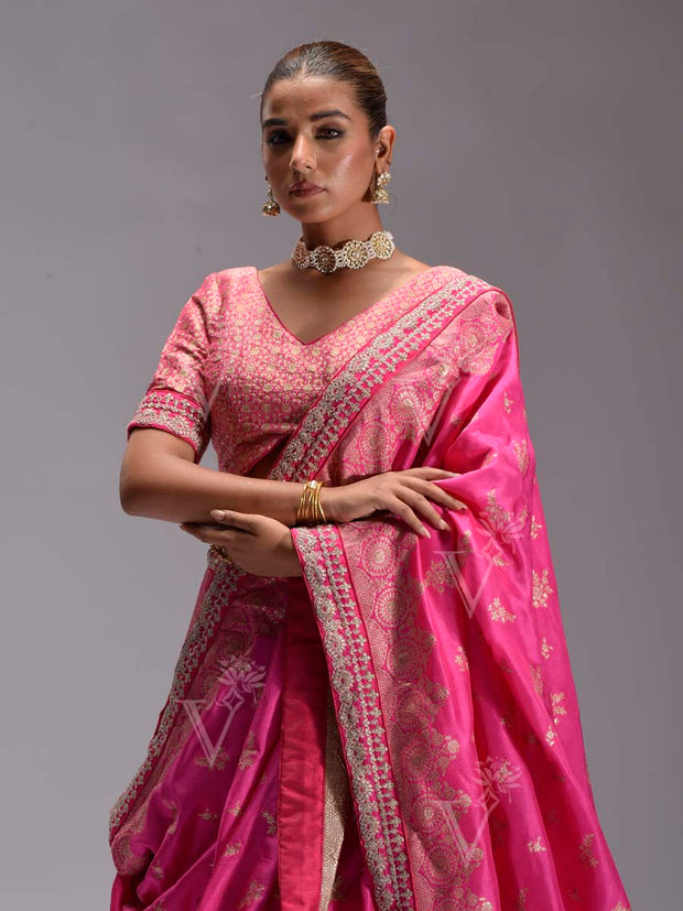 Hot Pink Banarasi Silk Lehenga Set