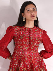 Red Organza Palazzo with embroidered Peplum Top