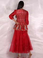 Red Organza Palazzo with embroidered Peplum Top